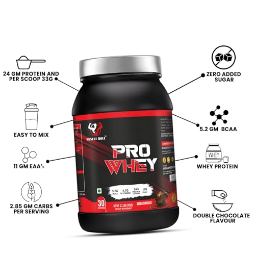 Image of Pro Whey Protein (1Kg / 2.2 lbs Double Chocolate 30 Serving) with 24g Protein, 5.2g BCAA | Muscle Growth |Muscle Recovery| Easy Digestion |4.1g Glutamine for Increase strength & Performance