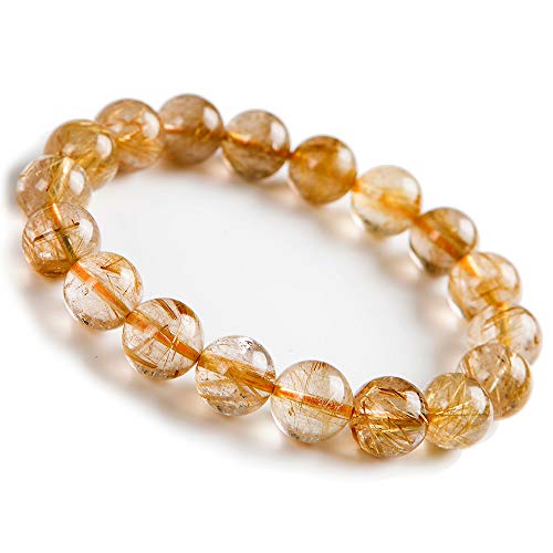 Natural Gold Yellow Rutilated Quartz Crystal Round Bead Bracelet 12mm AAAA