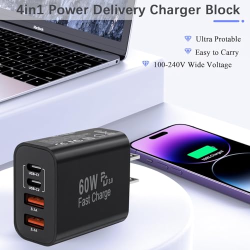 Image of 60W USB C Charger Block,2Pack 4-Port GaN USB C Charger Fast Charging Wall Plug Dual Type C+Dual USB-A Port,Multiport Power Adapter Cube for iPhone 17 Pro Max /16e /15 /14 /13 /12 /11,iPad Pro /Air /Mini-Black