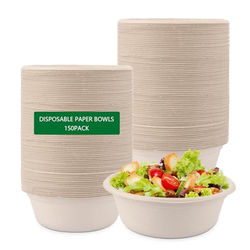 FWEEK 150 Stück 500ml Suppenschalen Einweg, Zuckerrohr Bagasse Einwegschalen, Einwegschüsseln, Kompostierbar Suppenschalen für Party Hochzeit Picknick
