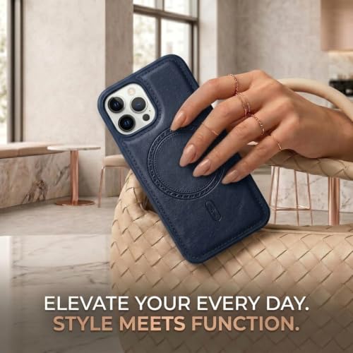 Image of amazon basics Premium PU Leather Case for iPhone 13 Pro Max, MagSafe Compatible Magnetic Ring, Sleek Protective Back Cover - [Blue]