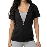 GIVON Womens Slim Fit Zip Up Hoodie Short Sleeve Thin Jacket Full Zip Sweatshirt with Plus Size / DCF256-BLACK-L