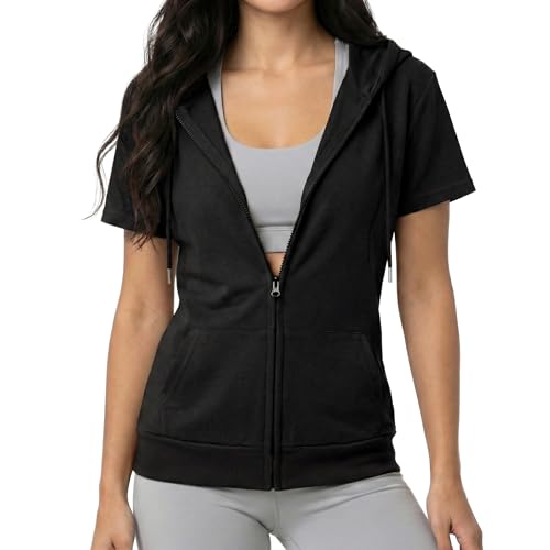 GIVON Womens Slim Fit Zip Up Hoodie Short Sleeve Thin Jacket Full Zip Sweatshirt with Plus Size / DCF256-BLACK-L