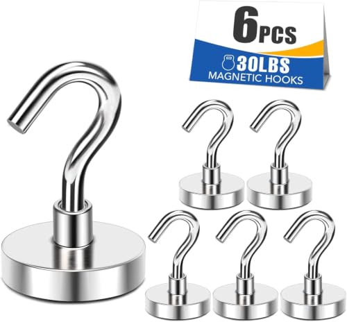 MIKEDE Magnetic Hooks Heavy Duty, 25Lbs Strong Rare Earth Neodymium Magnets with Hooks for Hanging, Magnetic Hanger Strong Cruise Hooks for Kitchen, Home, Workplace, Office and Garage, Pack of 6