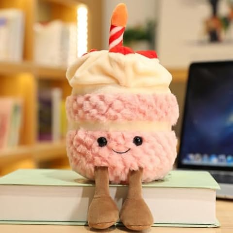 OUKEYI 28cm/11 Birthday Cake Plush Toy ，Cute Smile Cake Pillow Stuffed Animals Funny Soft Food Plushies Toy for Gifts for Kids Birthday (Pink) Cover