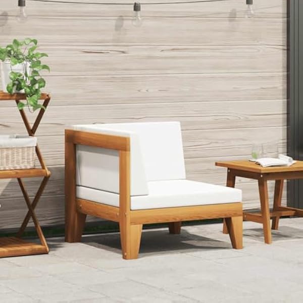 Modułowa sofa narożna z litego drewna akacjowego z kremowo-białymi poduszkami, trwała i odporna na warunki atmosferyczne, do ogrodu, może być używana jako pojedyncza sofa lub część zestawu