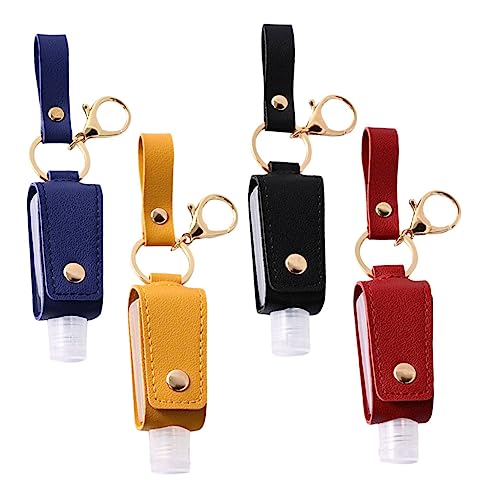 MERRYHAPY Lot De 4 Sets De Bouteilles Porte-clés 30 ML Mini en Plastique Rigide Pochette en Cuir PU Multicolore Jaune Noir Bleu Rouge pour Voyage Et Utilisation Quotidienne