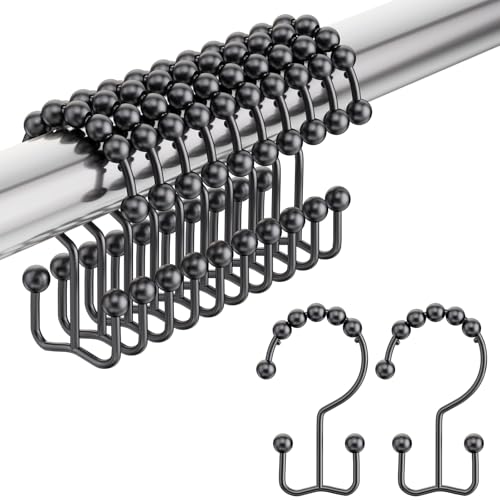 Image of Amazer Black Shower Curtain Hooks, Shower Curtain Hooks Rust Proof 12 Pcs Stainless Steel Shower Hooks for Shower Curtain, Double Shower Curtain Hooks for Bathroom Shower Rods Curtain