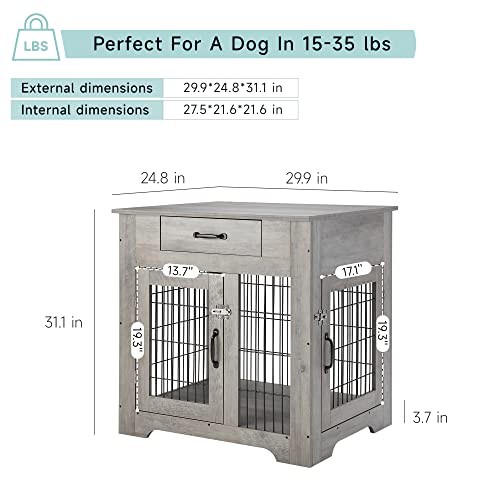 Idealhouse Furniture Dog Crates 31.1'' Wood Look Dog Kennel End Table With Drawer, Dog House Indoor Use, Chew-Proof, Casual Home Wooden Pet Crate, Indoor Pet Crate Side Table, Grey #TOP4