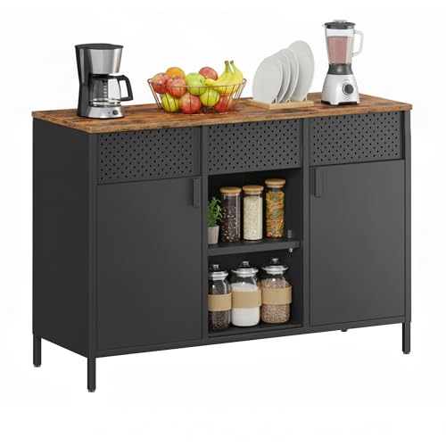 SONGMICS Armario de Almacenamiento, Armario de Metal, Aparador con Puertas Dobles, Cierre Magnético, Estantes Ajustables, Marco de Acero, Marrón Rústico y Negro Mate LSC204B01