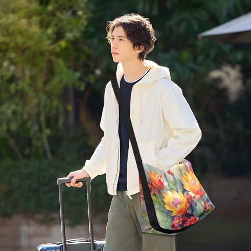 Shoulder Bag for Women-Watercolor Cactus Print, Large Capacity Leather Crossbody Purse Handbags Zipper Closure with Fabric Strap3