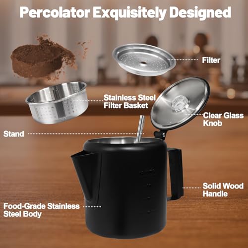 Image of 12 Cup Percolator 304 Stainless Steel Coffee Pot Coffee Maker Coffee Machine with Solid Wood Handle Transparent Knob Stovetop Greca Mocha for Induction Home and Camping 2200ml 74.4oz