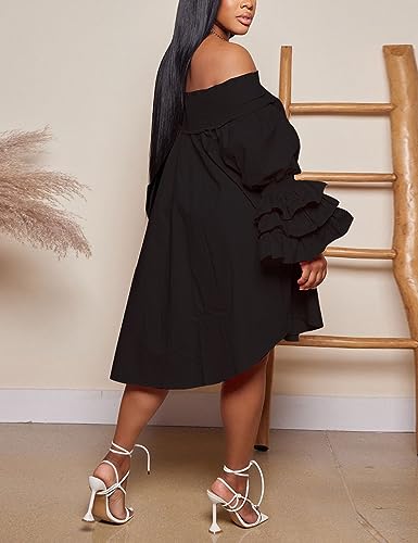 Image of WOKANSE Women's Casual Plus Size Shirred Dresses Off Shoulder Bell Sleeves Ruffle Loose Stretchy Neck Midi Dress