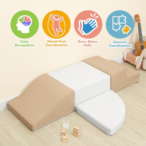 Image of TODIBY 4-Piece Soft PU Leather Toddlers Climbing Toys, Baby Foam Climbing Blocks for Toddlers 3, Foam Play Gym Climbing Structures, Indoor Climb and Crawl Activity Play Set (White and Coffee)