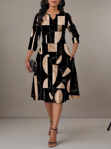 Image of PinkPatty Women's Casual 3 /4 Sleeve Midi Dresses Fit and Flare Church Work Dress with Pockets