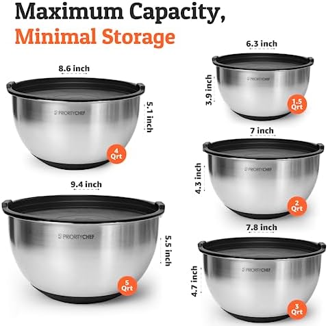 PriorityChef 5 Piece Mixing Bowls with Lids, Large 5 Quart Capacity, Stainless Steel, Non Slip Silicone Bottom, Stackable for Minimal Storage, Black Base