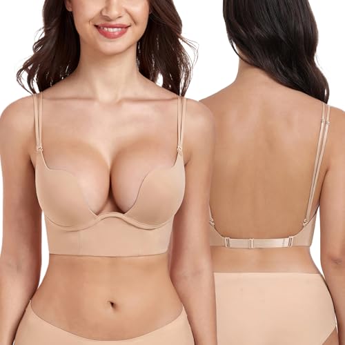 DotVol Womens Deep Plunge Low Cut Push-Up Backless Underwire Convertible U-Neck Bra(Nude 34B)