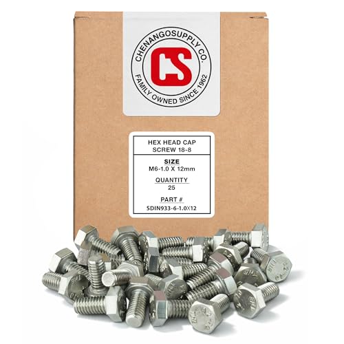 Chenango Supply M6-1.0 x 12mm Stainless Steel Hex Head Bolts – DIN 933, 18-8 Stainless, Fully Threaded Metric Coarse Hex Cap Screws, 25 Pieces (M6-1.0 x 12mm)