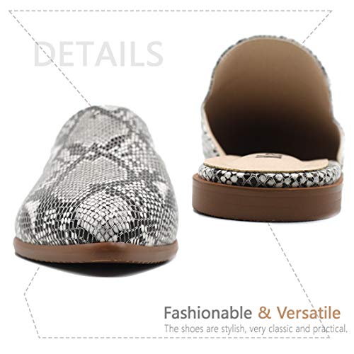 Maypie Womens Flat Mules Closed Pointed Toe Slip On Loafer Slides Backless Shoes, Snake White, 8.5 B(M) Us #TOP6