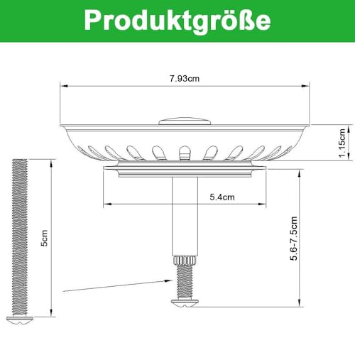 Dreamil Spülbecken Siebkörbchen 82mm Edelstahl Abflusssieb mit Höhenverstellbar Küchenspüle Spüle Zubehör für Ersatz Originaldichtung für Küchenspüle