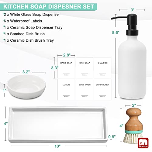 Gmisun Kitchen Soap Dispenser Set, 16 Oz Hand And Dish Soap Dispenser With Ceramic Tray & Bamboo Dish Brush, 2 Pack White Glass Liquid Pump Bottle, Modern Farmhouse Refillable Dish Soap Bottle #TOP2