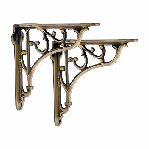 Image of GHAR DWAR Metal Handcrafted Shelf Bracket for Floating Shelves L Angle Decorative L Shaped Corner Brace Joint Heavy Duty Wall Mounted Shelf Supporter Brace Holder (Brass Antiq, Pack of 2)