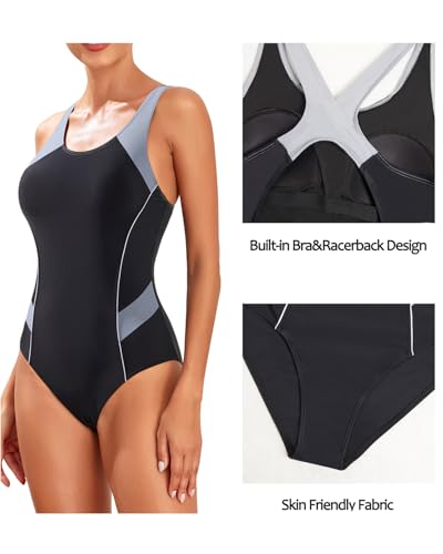 Tempt Me K210721-BK-L Women One Piece Swimsuits Athletic Racerback Swimwear Training Exercise Slimming Bathing Suit Black Gray L thumb #3