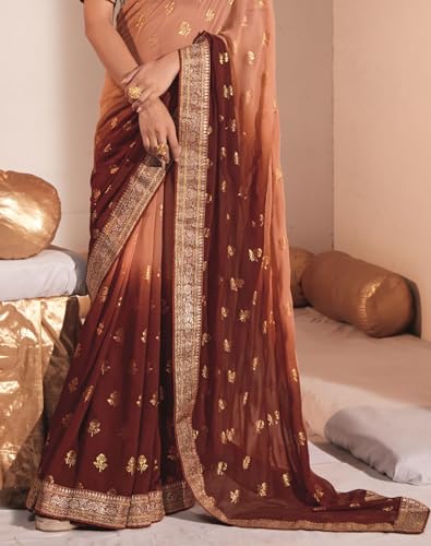 Image of SIRIL Women's Lace & Foil Printed Georgette Saree with Unstitched Blouse Piece(2826S474 Maroon, Peach)