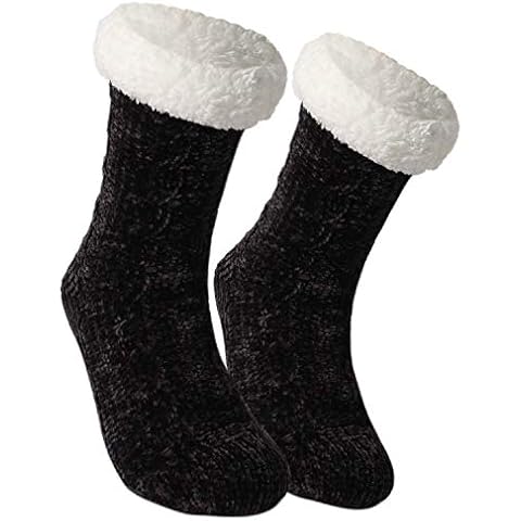 Tacobear Women Slipper Socks Warm Fluffy Socks Super Soft Fuzzy Socks Winter Knit Socks Chenille Socks Fleece Lined Home Socks for Mens and Ladies (Black, without pompom) Cover