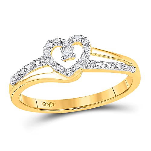 Solid 10K Yellow Gold Real Natural Diamond Heart Promise Engagement Ring for Women 1/20 Carat (.06 Cttw)