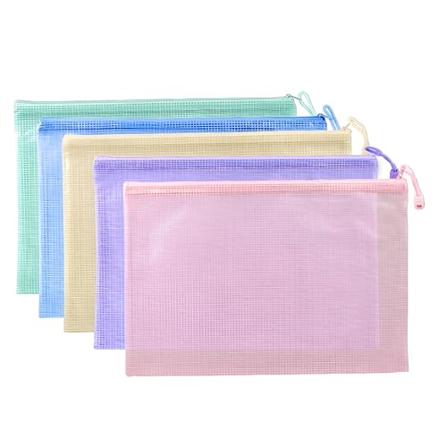 ジッパー式ファイル袋 メッシュケース フォルダ ジッパー付き書類バッグ 透明フォルダ 防水 書類 分類 ドキュメント オフィス用品 勉強のために 仕事 ジッパーバッグ (A4*5色)