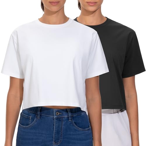 THE GYM PEOPLE 2 Pack Women's Workout Crop Tops Boxy Short Sleeve Athletic Running Basic Cropped T-Shirts