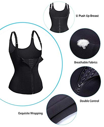 Women Waist Trainer Corset Zipper Vest Body Shaper Cincher Tank Top Waist Trimmer Trainer Belt Sauna Neoprene Workout Corset Tummy Shapewear with Adjustable Straps (Black, M)