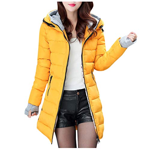 Preisvergleich Produktbild LOPILY Damen Jacke Winter Dicke Kapuzenjacke mit Handschuhen Farbblock Lange Übergangsjacke Große Größen Winterjacke Damen Warm Lang Steppjacke Damen Mantel Elegant (Gelb, 44)