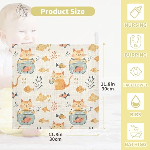 Image of vvfelixl Cat Watch Fish Tank Baby Burp Cloths Baby Muslin Washcloths for Boys Girls Cotton Babys Face Towel for Newborn Infants Soft and Absorbent 11.8 X 11.8 in, 5 Pack
