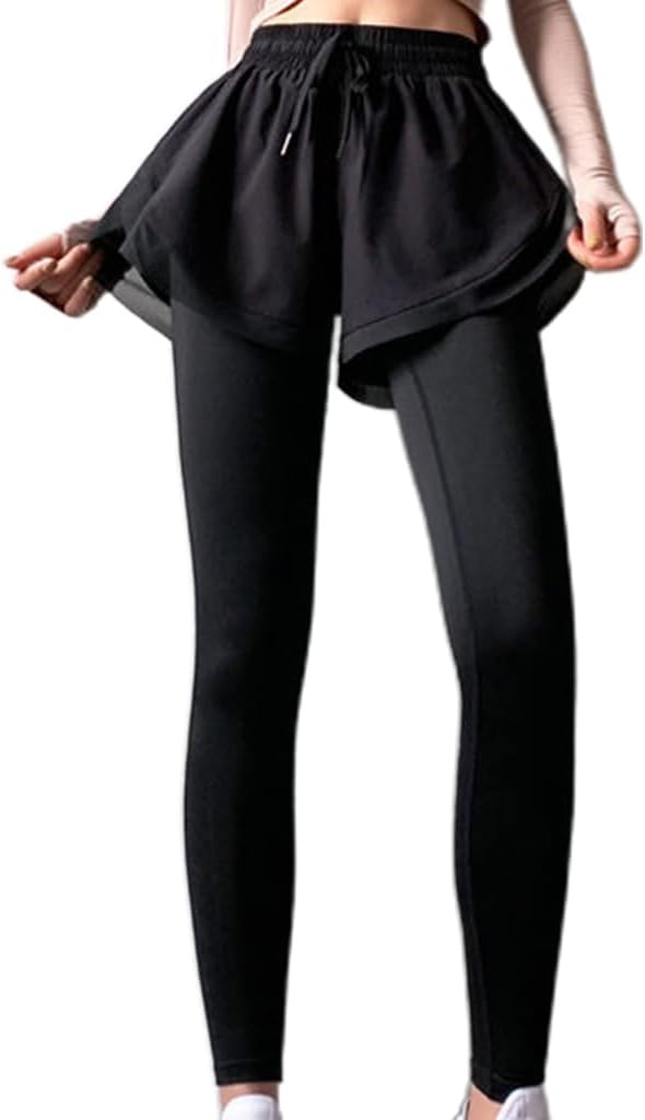 2 in 1 Sports Leggings with Shorts, Drawstring Waist Color Running Yoga Workout Long Pants