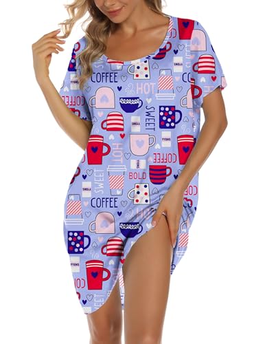 Image of ENJOYNIGHT Womens Cotton Nightgown Short Sleeve Sleepshirt Print Nightshirt | Short-Sleeve Crew Neck, Soft Cotton Fabric, Cartoon Printed Sleep Shirt, Loose Fit