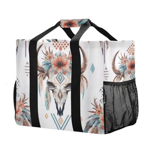 Retro Cow Skull Flower Large Beach Bag Waterproof Beach Tote Bags for Women Travel Gym Pool2