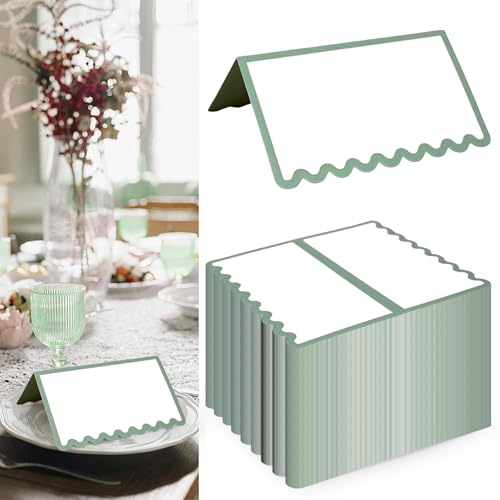 Stranthother 150 PCS Sage Green Place Cards for Table Setting,Blank Place Cards,Wedding Name Cards,Seating Cards,2 x 3.5 Inch Scalloped Tent Cards for Birthday Wedding Holiday Dinner Party