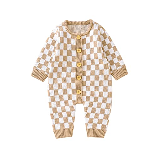 Image of Infant Baby Girl Boy Knitted Sweater Romper Jumpsuit Checkerboard Plaid Print Long Sleeve Button Down Bodysuit Clothes (Camel, 0-3 Months)