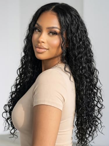 Image of KLAIYI Bye Bye Slip Water Wave 7X5 Precut Lace Front Human Hair Wig Drawstring Glueless 3S Ready to Wear and Go Wig with Baby Hair Pre Plucked Bleached Bye Bye Knots Curly Wig 180%Density Full 26Inch