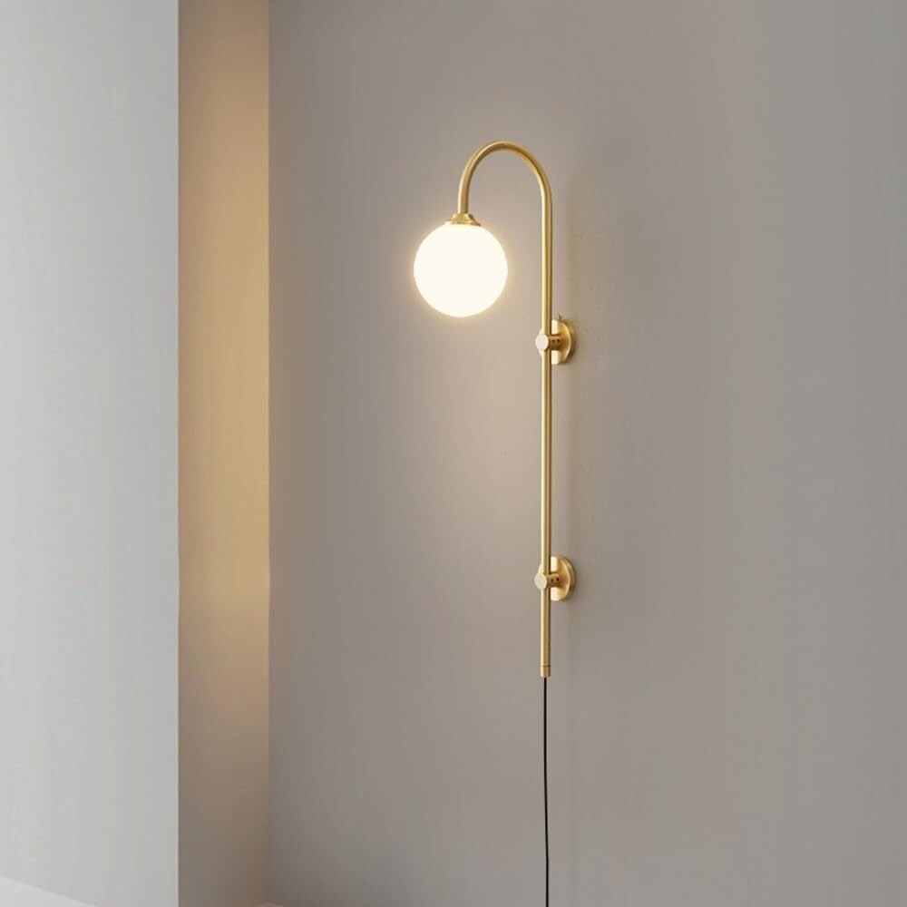DUBOXX Copper Mid-Century Wall Sconce Plug-in Gooseneck Bar Lamp with Industrial White Milk Glass Globe Gold Long Linear Lighting Fixtures for Bedroom, Bedside, Living Room, Hallway