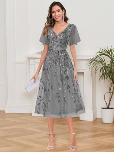 Tea Length Sequin Mother of The Bride Dresses for Women 2025 Short Sleeves A-Line Formal Evening Dress4