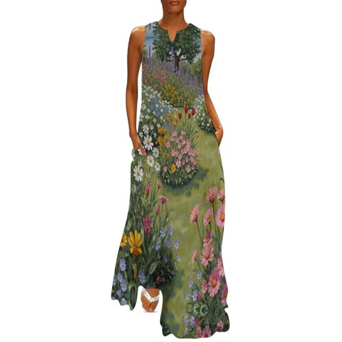 Robe de vacances col V à fleurs imprimé vert robe de soirée longue décontractée
