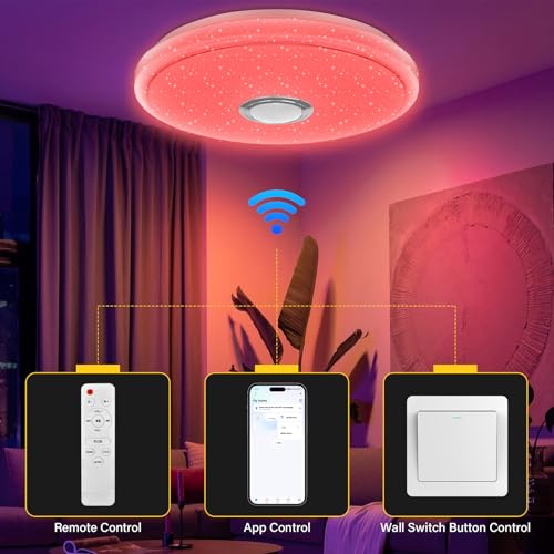 OGVDOE Lámpara de Techo LED Regulable 60W RGB Plafon Techocon Altavoz Bluetooth Ø40CM Plafón LED Lampara Techo con Mando a Distancia y Control APP Luz de Dormitorio Para Baño Sala de Estar - imagen 6