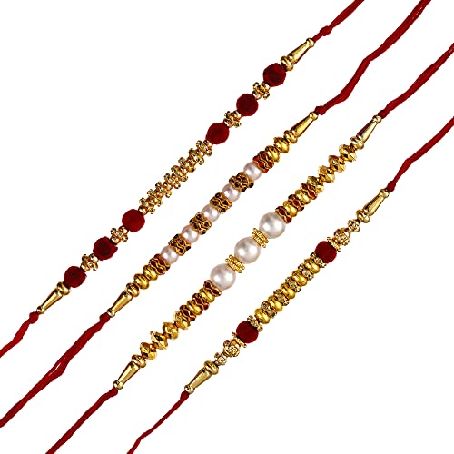 Image of eCraftIndia Set of 4 Rakhi Combo Hamper | Red Golden & White Beads Pearl Diamond Designer Rakhis