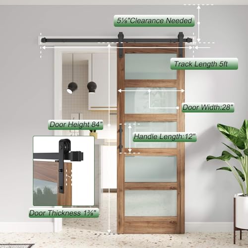 Image of FREDBECK 28 x 84 inch Glass Barn Door with 5 FT Barn Door Hardware Kit & Handle Included,5-Panel Frosted Glass,LVL Wood Panel,Water-Proof PVC Surface,Pre-Drilled Holes,Need Assembly