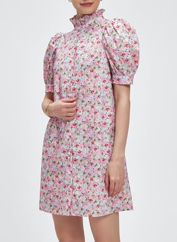 Image of Ladyful Women's Summer Floral Shift Short Sleeve Button Front Mini Dress | puff sleeve, ruffle stand neck, boho style, beach vocation, 100% cotton, loose fit, shirt sundress