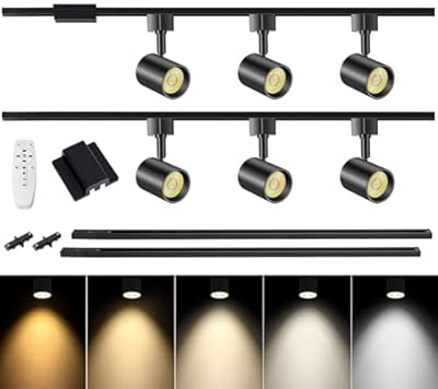 TuyuBEE 6 Lights Remote Control LED Track Lighting Kit with 6.6FT H Type Track Lighting Rails & Floating Canopy Connector, Modern Kitchen Ceiling Light Fixture Dimmable, 2700K - 6000K, 10W 800lm Black