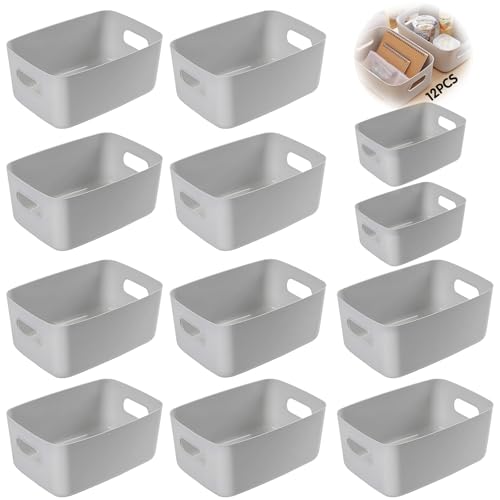 EUZLABBY 12Pcs Cestas Almacenaje Plástico,Cajas Almacenaje 2 talla(24,5x17,5x10cm)+(20x14x7cm),Cajas Organizadoras con Asas,Cajones Almacenaje para Cocina,Oficina,Cosmético,Baño,Juguetes.(Gris)